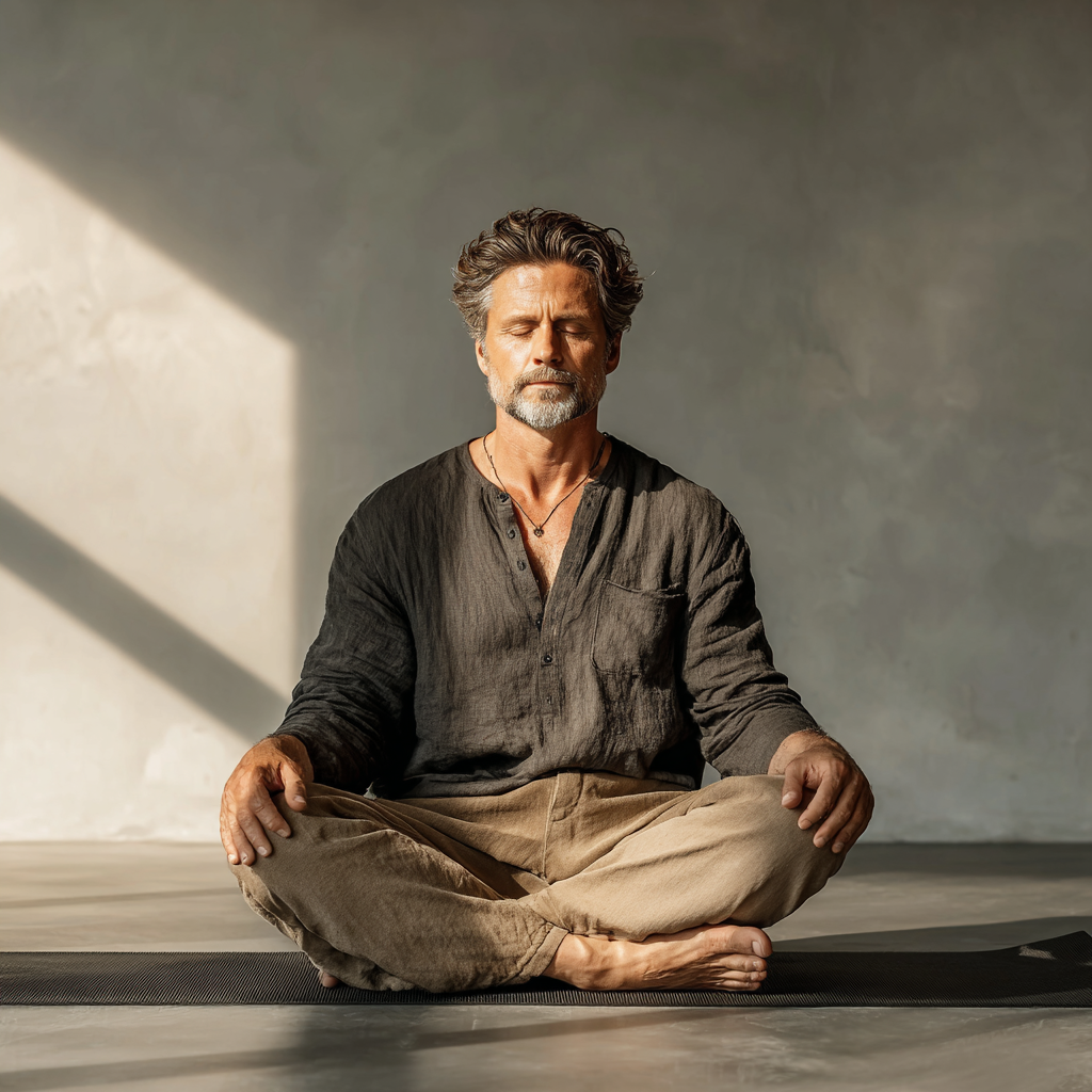 A man in his early 50s in a peaceful meditation pose sitting cross-legged on a yoga mat in a minimalist studio, wearing comfortable earth-toned clothing, with calm focused expression, natural morning light creating soft shadows