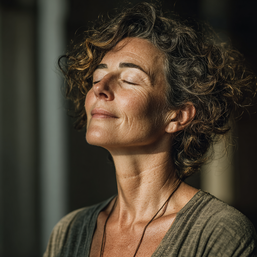 A woman in her late 40s practicing yoga in a peaceful studio setting, wearing comfortable sage-colored clothing, demonstrating a gentle standing pose with eyes closed and serene expression, soft natural light streaming through windows